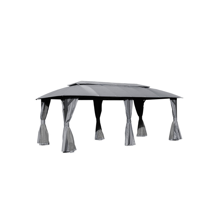 Pavillon de jardin 10 pi x 20 pi - Fabrication en métal robuste, double toit, moustiquaire, rideaux d'intimité, auvent de jardin gris robuste, patio ventilé