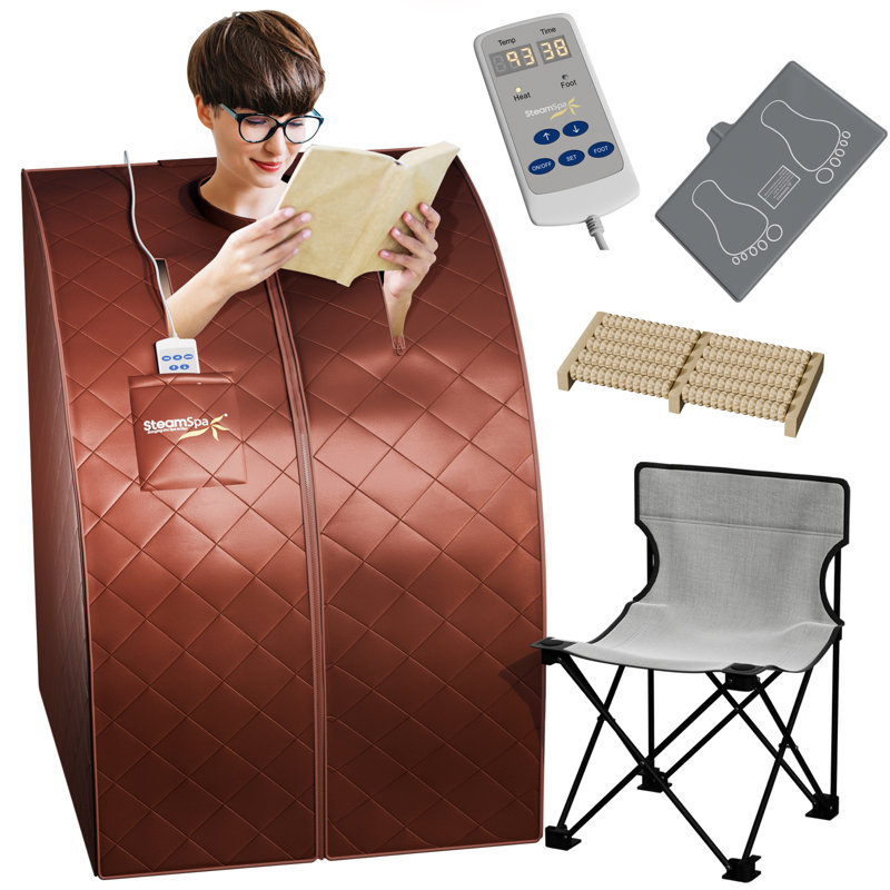 SteamSpa Portable 1-Person Home Sauna with Infrared Heating, Digital Control, Foot Heating Pad, Foldable Chair and Foot Massager in Brown Finish