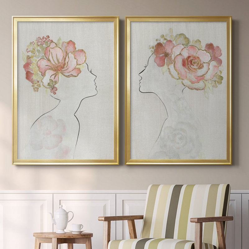 Fashion Floral Silhouette I - Ensemble de 2 peintures sur toiles, Toile avec cadre doré, H 26,5 po x l 73 po x P 1,5 po