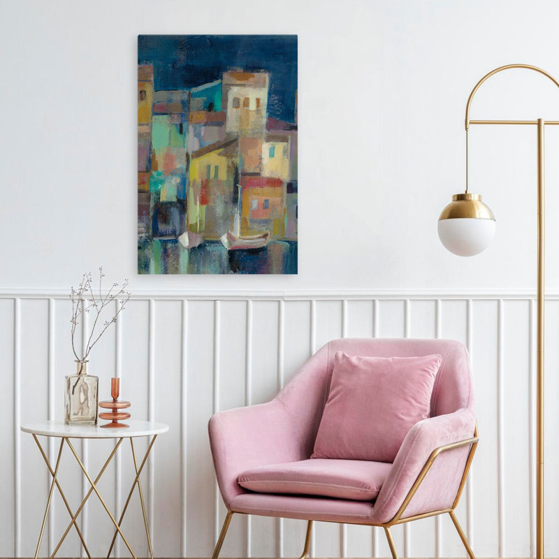 «Evening I Port III» - Architecture abstraite bleu beige, H 24 po x l 16 po