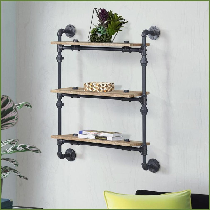 Tablette murale industrielle à 3 niveaux, chêne et amp; Noir sable | Bois et métal | Ouvert à l'arrière