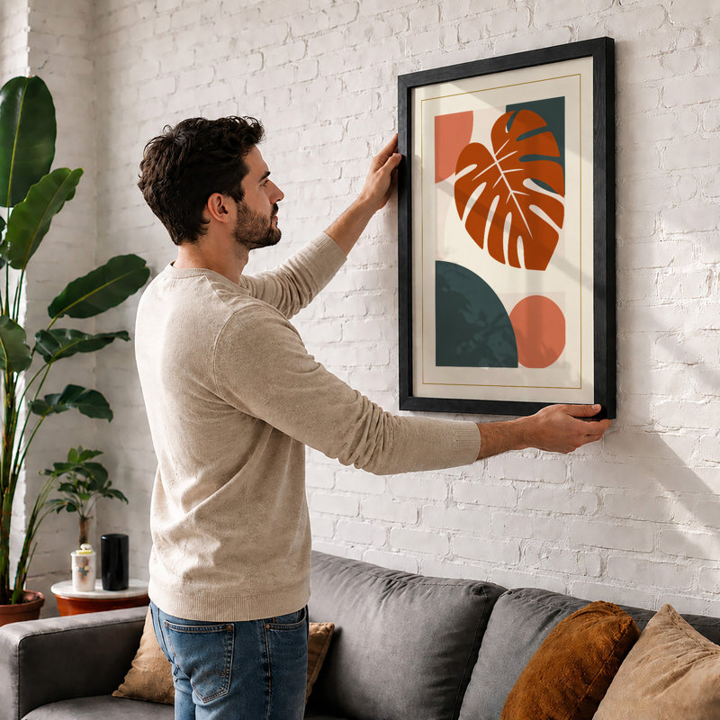 Monstera Geometry Mid-Century - Framed Print, A2 - 59.4 x 42.0 cm, Black