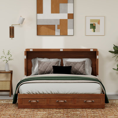 Lit escamotable 100% bois massif avec matelas, station de charge intégrée, brun