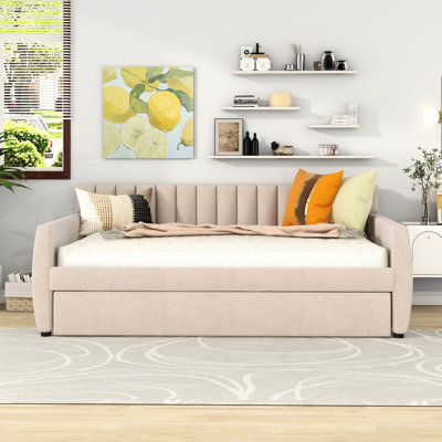 Beige Upholstered Full Size Daybed, No Box Spring, Wood Slats And Trundle For Practical Living Trundle, Slat Support, Suitable Coastal Homes