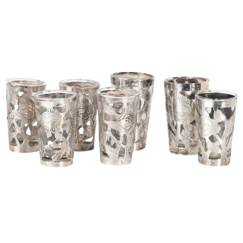 Taxco Mexican Sterline Silver Overlay Shot Glasses