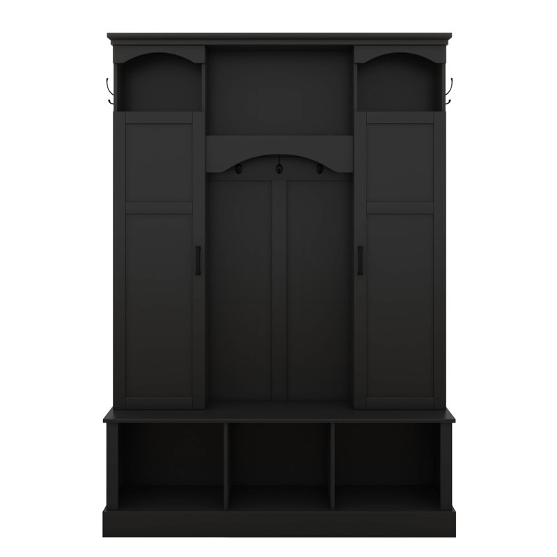 Hall Tree With Bench And Adjustable Shelves, Classic Arched Shoe Bench With Dual Side Cabinets, Entryway Organizer With 7 Hooks