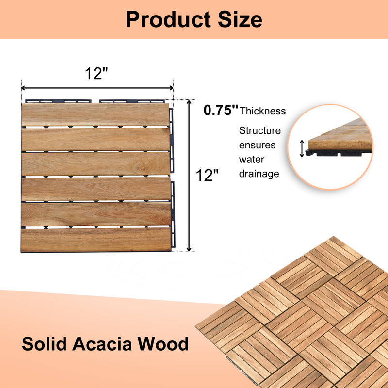 Carreaux de terrasse en bois d'acacia emboîtables 12 po x 12 po (30 pièces) - Motif rayé