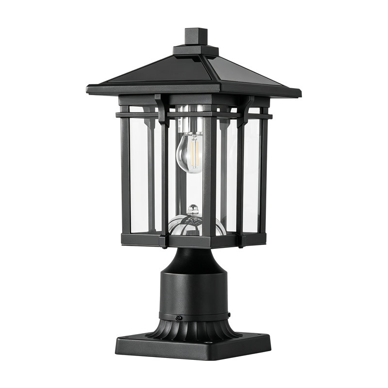 Lanterne solaire extérieure sur poteau, allumage automatique crépusculaire, en aluminium noir mat avec verre transparent (ampoule incluse)