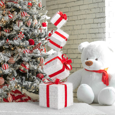 Red & White Gift Box Set With Warm White Lights Christmas Decoration