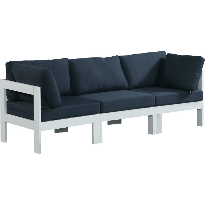 Kylis 90'' Wide Aluminum Patio Sofa with Cushions, White, Navy