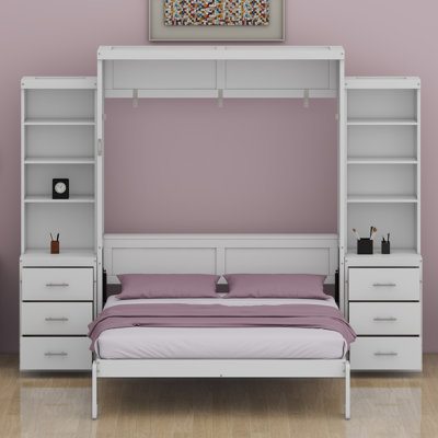 Lit escamotable peu encombrant conçu avec des tablettes de rangement intégrées et des tiroirs pratiques