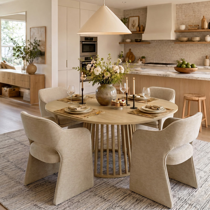 4 - Person Dining Table Sets With Extendabe Oval Table & 4 Chenille Upholstered Armchairs, Brie