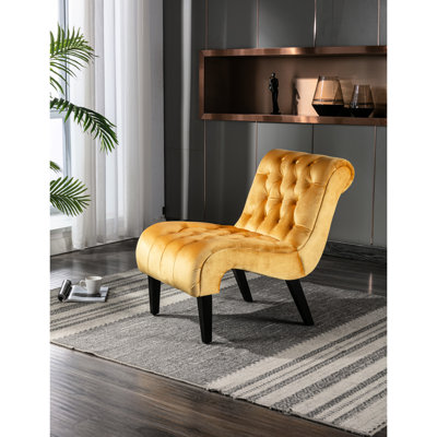 Chaise d'appoint rembourrée en velours moutarde pour les salles à manger et les vestiaires - pieds en bois d'hévéa incurvés, conception à boutons, style doux au toucher, velours, chaise, décoration de chambre de bureau, structure solide, surface, facile à