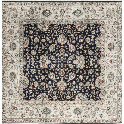 Tapis carré noir et ivoire de haute qualité noué à la main