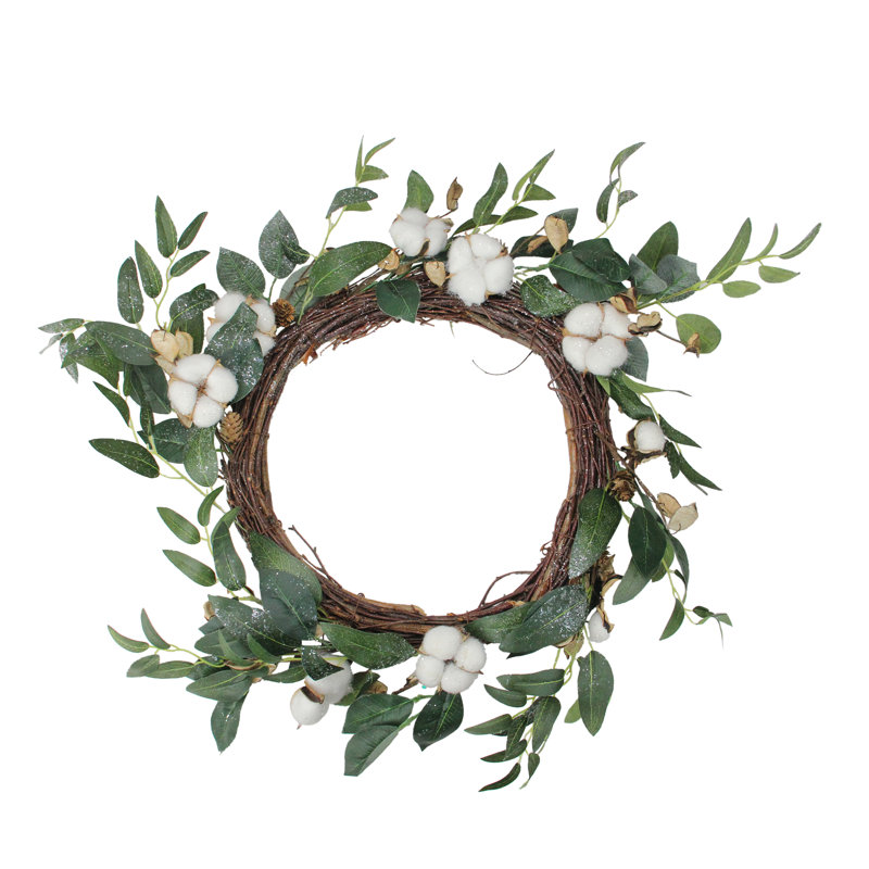 Couronne de fleurs blanches en coton avec brindilles printanières blanches 18 po