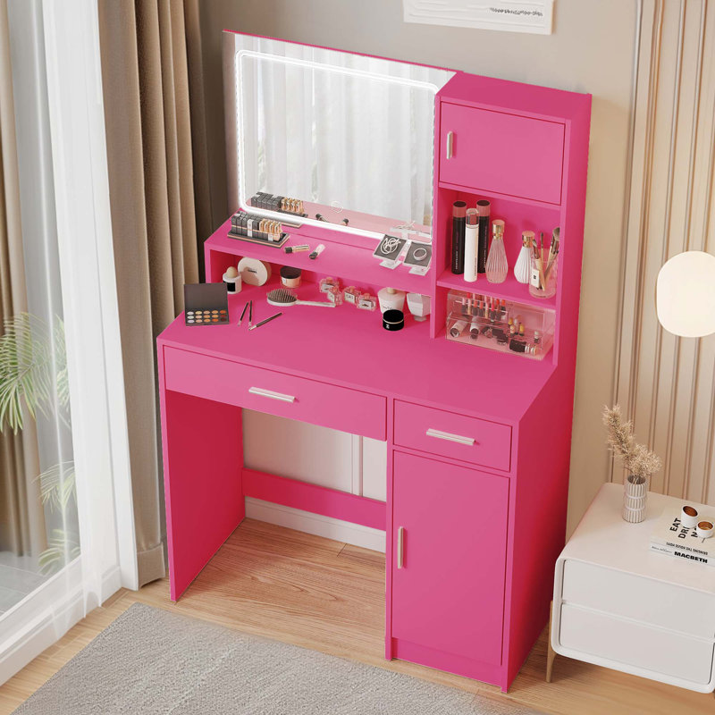Bureau de coiffeuse avec miroir et bande lumineuse à DEL, coiffeuse avec grand tiroir, commode de rangement à 3 niveaux et 3 modes d'éclairage à luminosité réglable, convient à la chambre à coucher