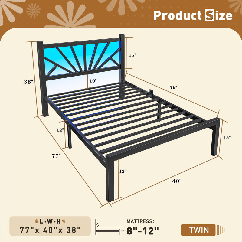 Base de lit en métal avec lumières DEL, cadre de lit avec tête de lit, cadre de lit plateforme robuste et robuste avec espace de rangement, support de lattes en métal robuste, silencieux, pas de sommier tapissier nécessaire
