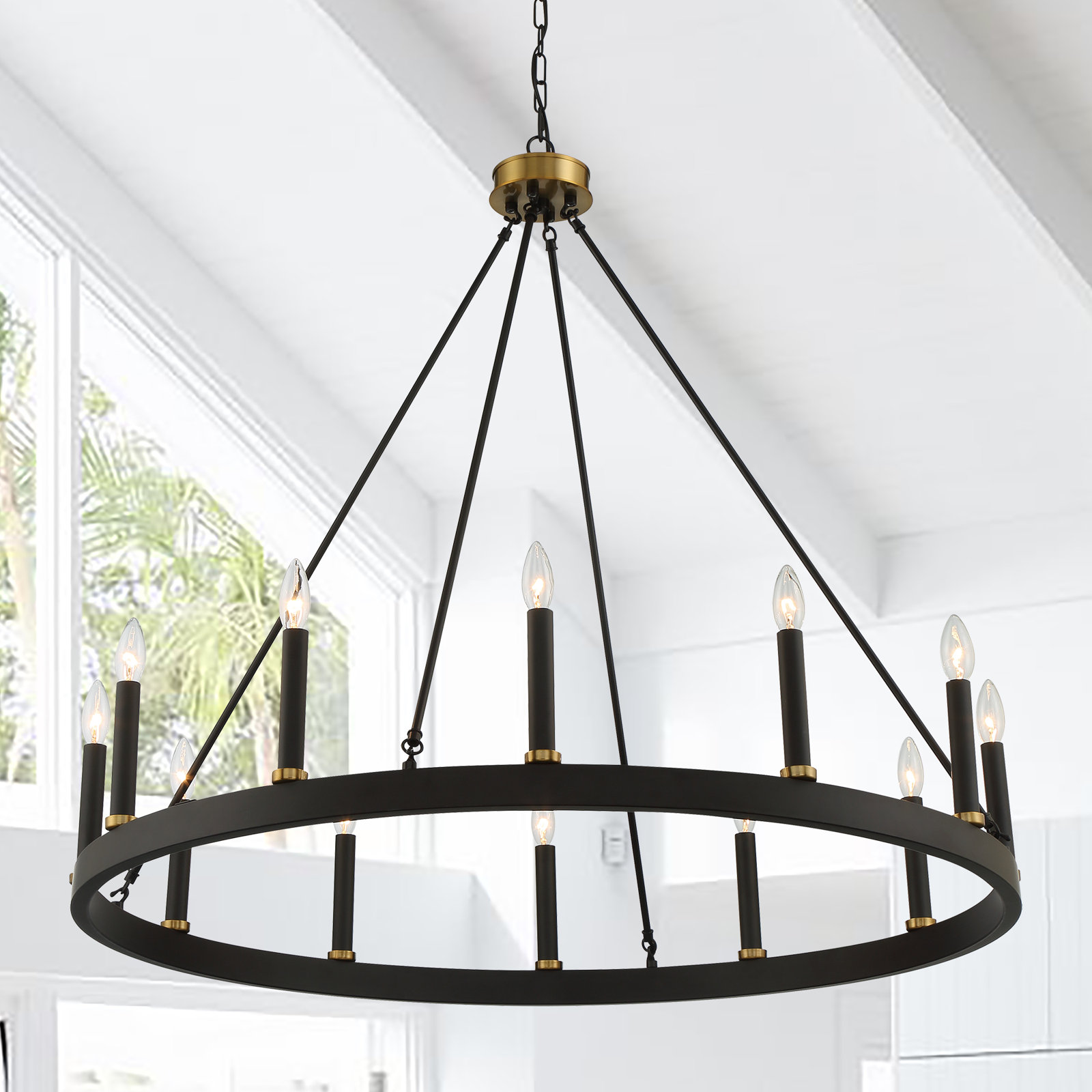 Madalyn 12 - Light Candle Style Wagon Wheel Chandelier, Black/Brass