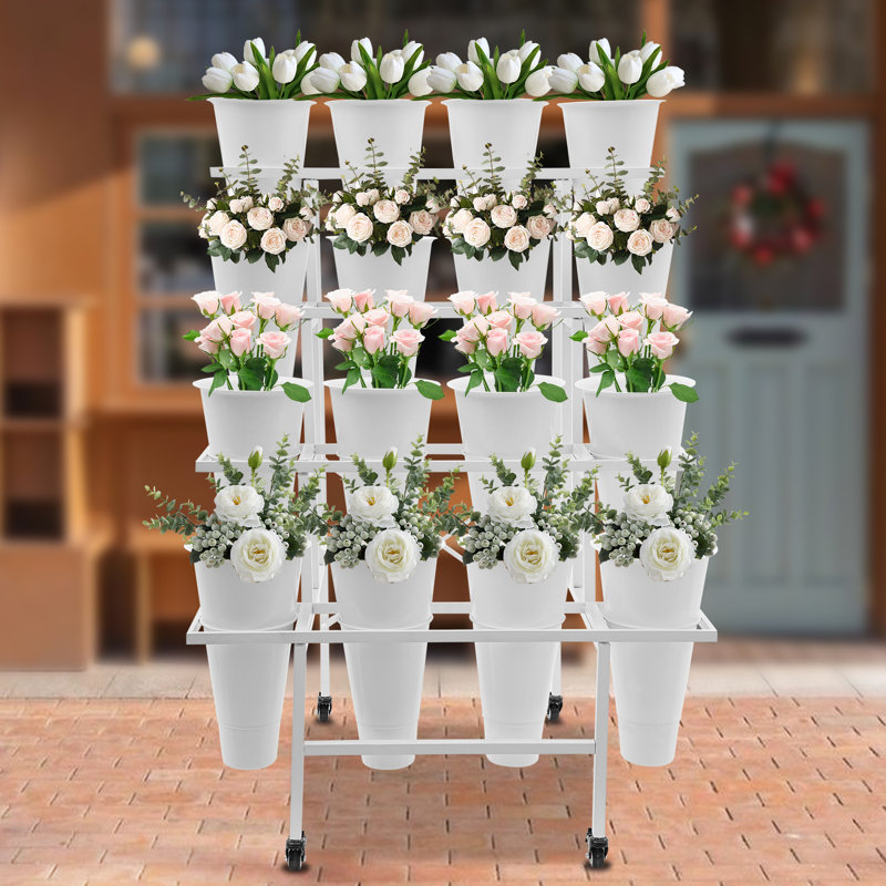 White Steel 4-Tier Plant Stand with 16 Buckets and Wheels