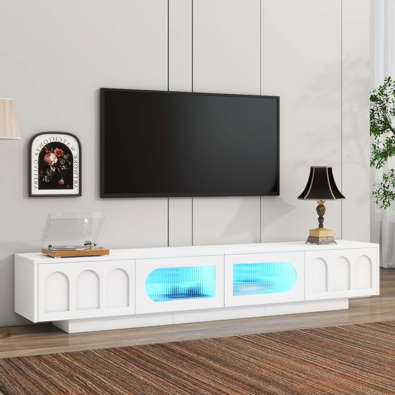 TV Stand with Fluted tempered Glass Doors for TVs Up to 95'', Functional Media Console with Arched Cabinet Doors, Entertainment Center with APP-Controlled LED Light for Living Room