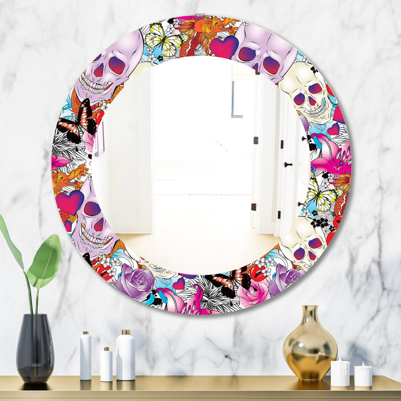 Coeurs, crânes et fleurs, miroir bohémien et éclectique, H 31,5 po x l 23,7 po