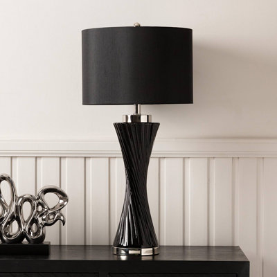 Costinela Living Room Table Lamp with Twisted Glass Base, Bedside Buffet Lamp for Bedroom with Linen Shade