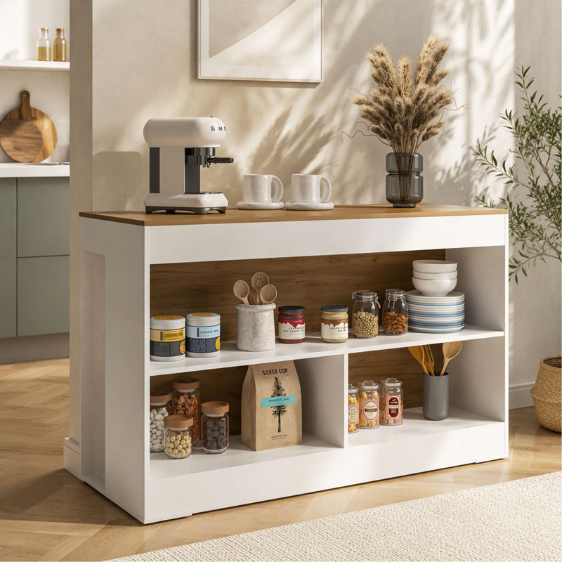 Îlot de cuisine 34 po, 3 tablettes ouvertes Makoti, Blanc