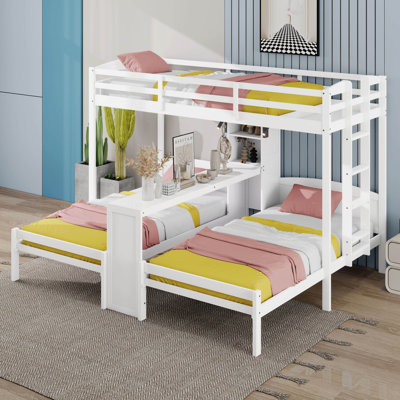 3-In-1 Triple Bunk Bed With LED Reading Light, Twin Over Twin & Twin Bunk Design Featuring Desk And Storage Shelves