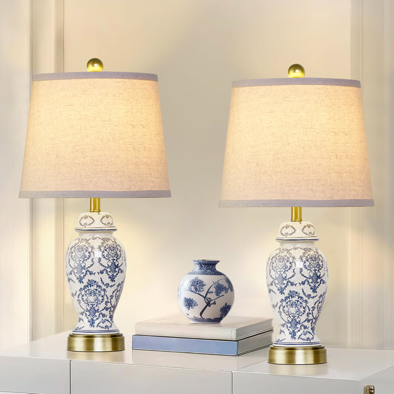 22” Blue White Porcelain Jar Lamp Set With Brass Base(Set Of 2)