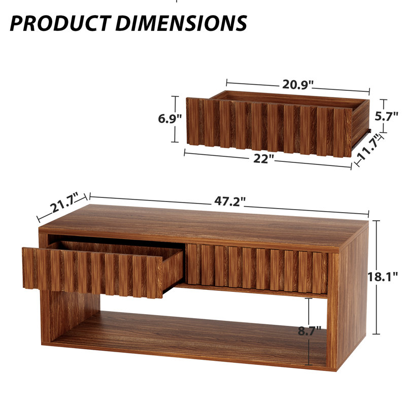 Rectangular Coffee Table with Drawers and Storage Shelves For Living Room, Brown