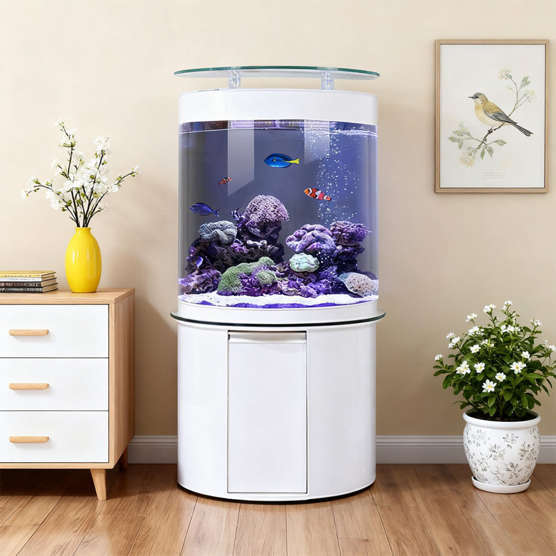 Semi-Circular Smart Remote-Controlled Touchscreen Aquarium Tank, 59.44 Gallon (62.99"H x 39.37"W x 19.69"D), White