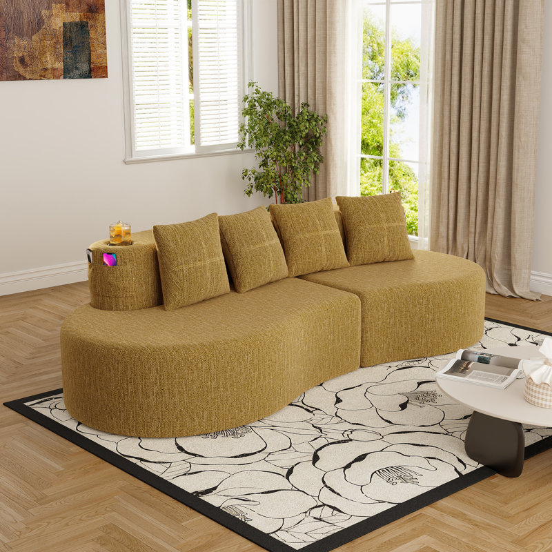 Canapé modulaire incurvé moderne 3 places, Chenille jaune moutarde