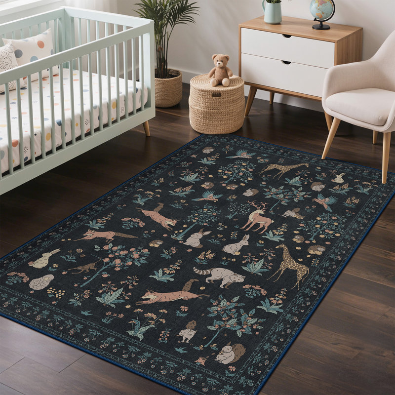 Tapis à imprimé floral et animal Alcoa, Noir, Rectangle 6 pi x 9 pi