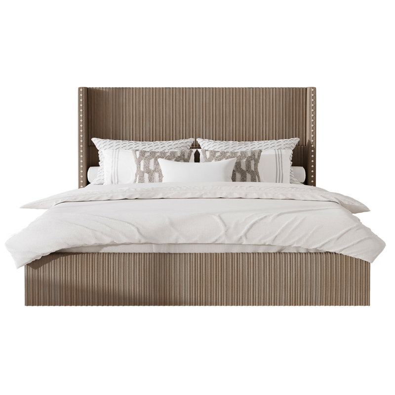 Lit tapissier en velours côtelé avec 4 tiroirs de rangement, lit plateforme très grand avec tête de lit à oreilles, brun