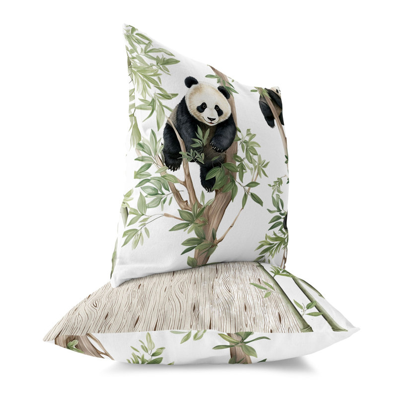 Oreiller réversible intérieur / extérieur Climbing Panda, Vert / beige, H 18 po x l 18 po