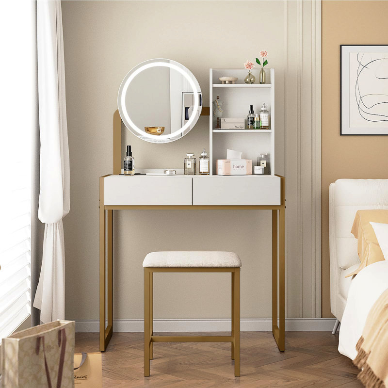 Small Vanity Desk With Mirror And Lights, Makeup Vanity Table With Led Mirror, 3 Lighting Modes, Power Outlet, Drawer, Open Shelves And Cushioned Stool For Bedroom (White And Gold)