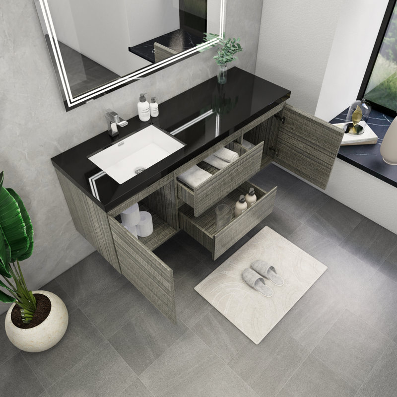Castin 60" Wall-Mounted Single Left Sink Bathroom Vanity Set, Glossy Ash Gray