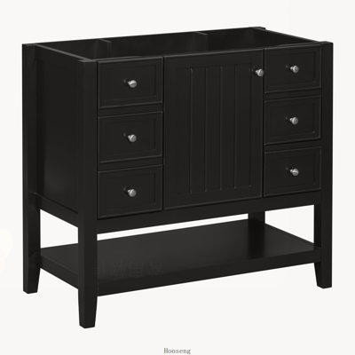 Base de meuble-lavabo autoportant 36 po seulement, armoire en bois massif et panneau de fibres à densité moyenne avec 1 compartiment d'armoire et 3 tiroirs, noir