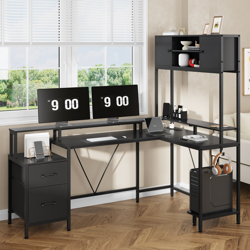 Bureau d'ordinateur en L avec tablette et 2 tiroirs à lumière DEL, Noir / Noir