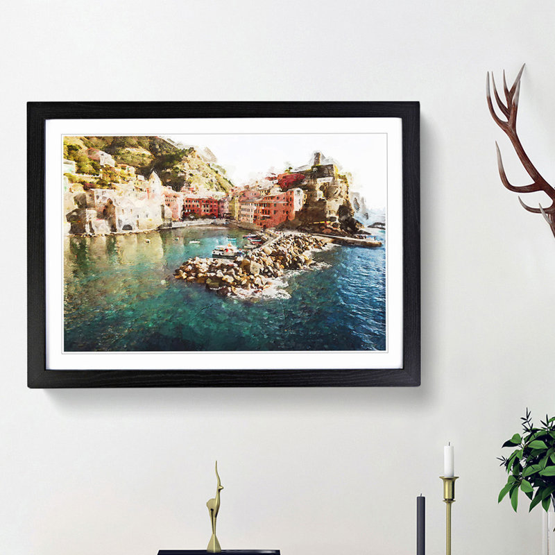 Boats in Vernazza Italy in Abstract - Picture Frame Graphic Art Print, 62cm H x 87cm W x 2cm D, Black Framed