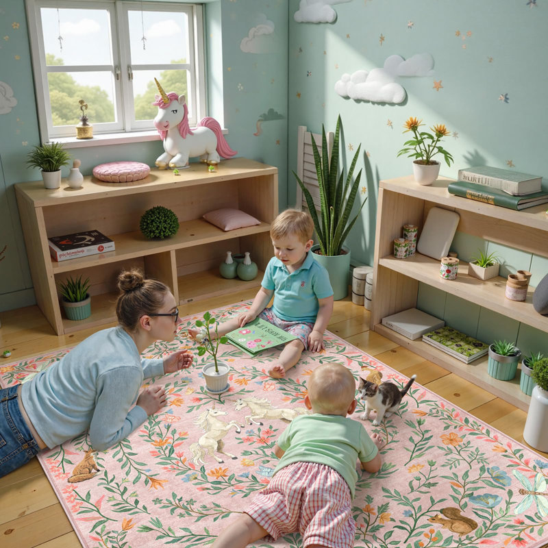 Goldene Machine Washable Animal Floral Pink Kid Rugs For Playroom Bedroom Living Room Non Slip Soft Low Pile Unicorn Vintage Carpet