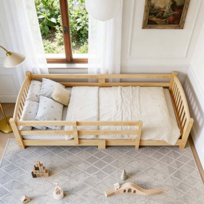 Twin Montessori Floor Bed with Slats and Safety Guardrails,