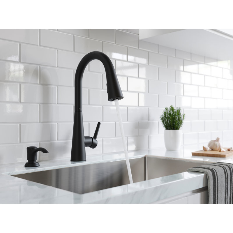 Robinet de cuisine noir à poignée rétractable avec distributeur de savon Pfister Barulli, Noir mat