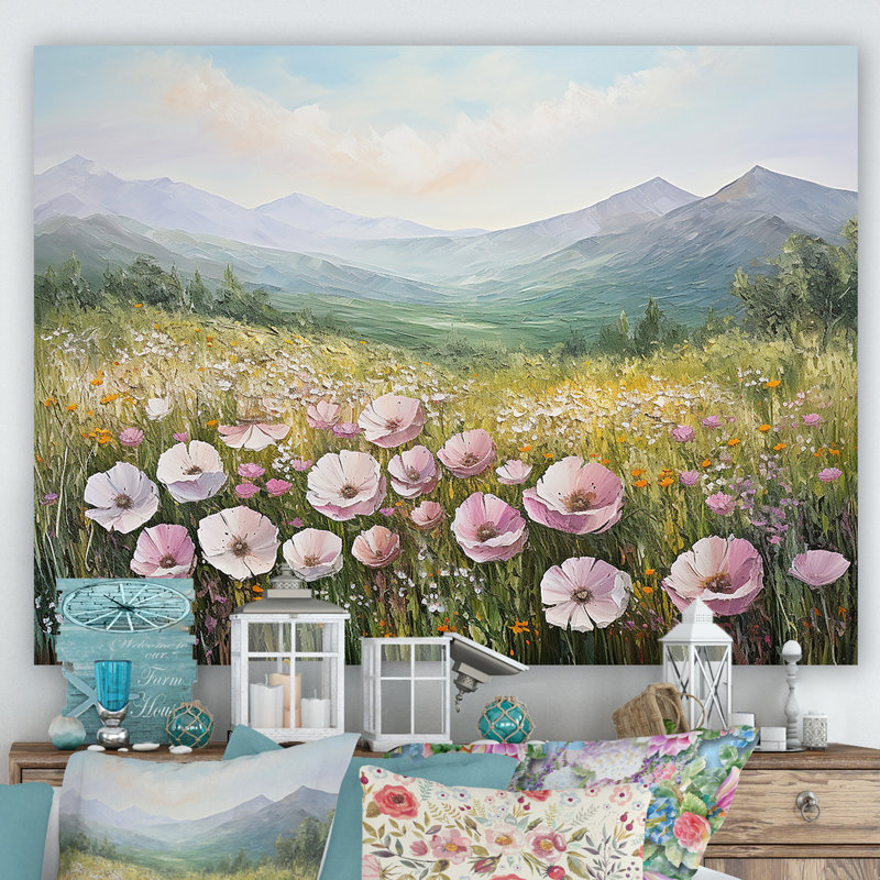 «Pink Ranunculus Field In Mountain», reproduction sur toile, Toile tendue, H 16 po x l 32 po