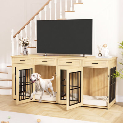 Meuble double 86,7 po pour caisses pour chien, grand chenil de ferme avec 4 tiroirs comme meuble télé, cage robuste pour 2 grands chiens