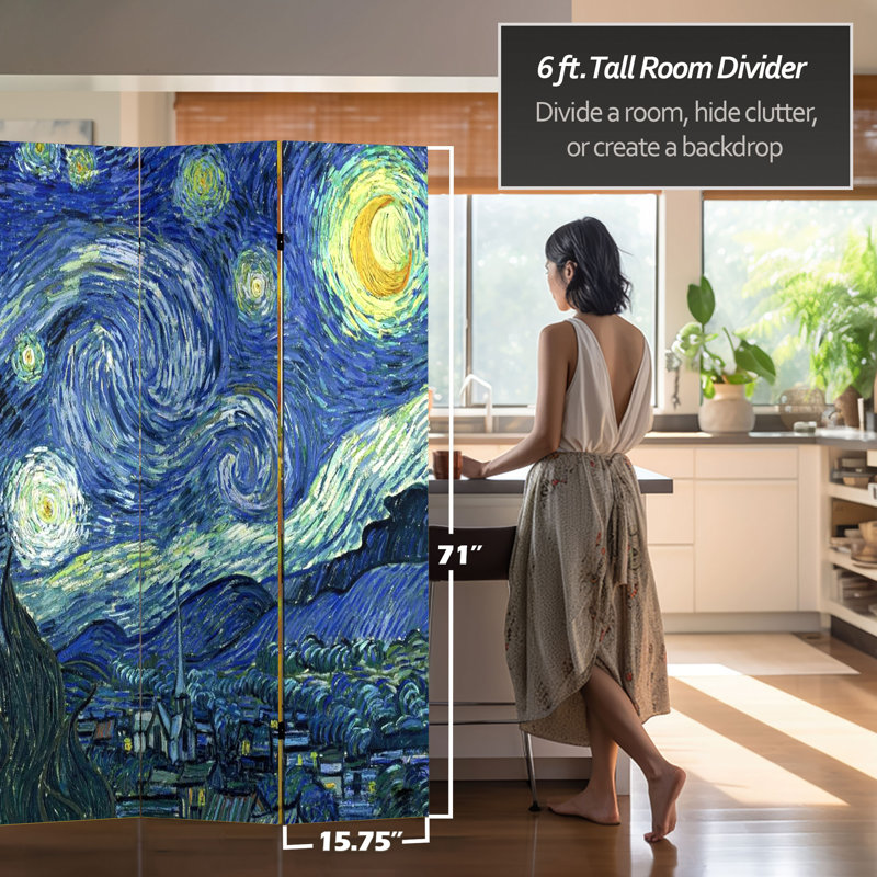70.88" x 63" Double Sided Works of Van Gogh Canvas 4 Panel Room Divider, 63" W x 70.88" H