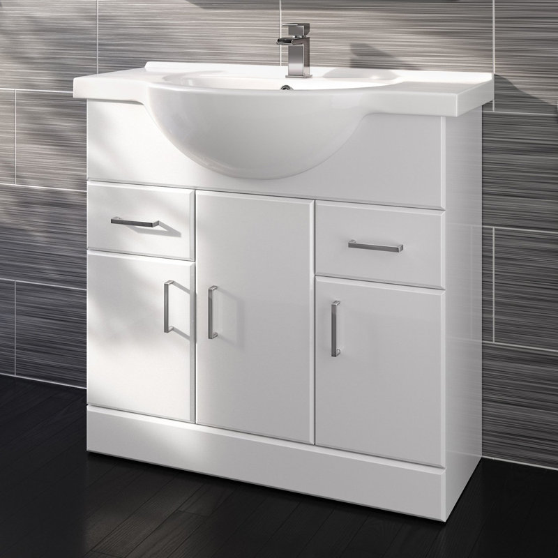 iBathUK 850mm White Gloss Basin Vanity Cabinet Bathroom Storage Furniture Sink Unit