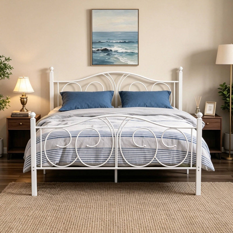 Queen Size Modern White Metal Platform Bed Frame with Headboard and Footboard, 12.6" Under Bed Storage, No Box Spring Needed,