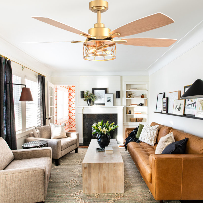 Ventilateur de plafond de 52 pouces avec lumière et télécommande, ventilateur de plafond à moteur à courant continu silencieux et réversible doré