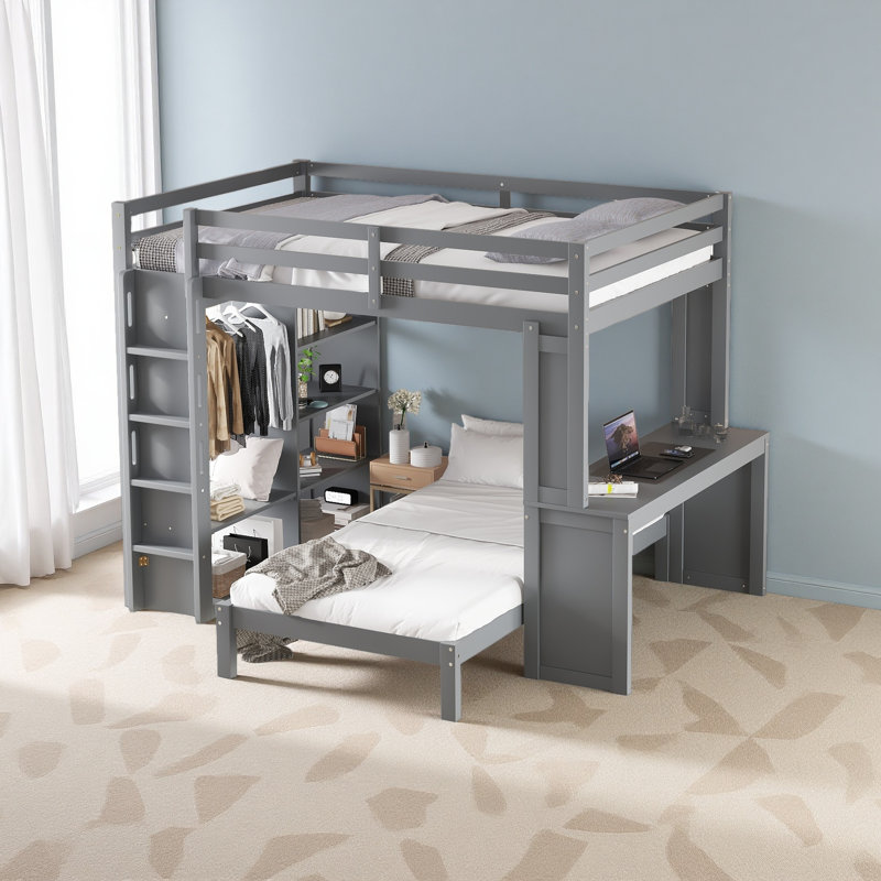 Lit superposé avec lit inférieur démontable et bureau, structure de lits superposés en bois massif avec tablettes intégrées et garde-robe, peut être converti en lit mezzanine